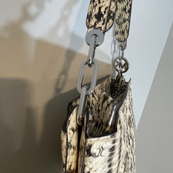 Michael Kors Fulton Large Hobo Bag Snakeskin Embossed Leather Cream Black Purse - Picture 9 of 11